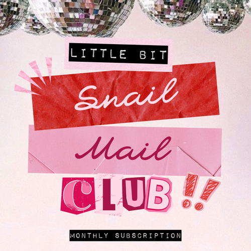 Promotional graphic for 'Little Bit Snail Mail Club' with disco balls on a pink background